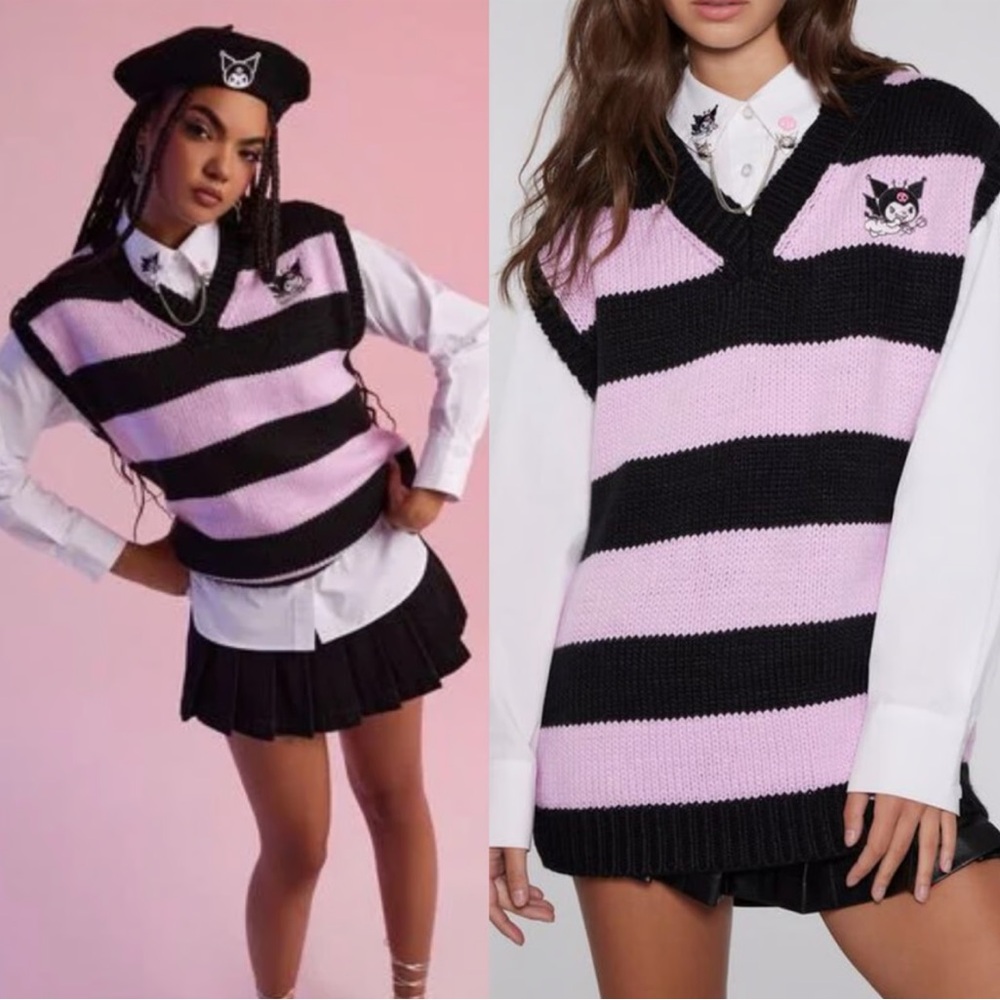 Forever 21 Hello Kitty Kuromi Black and Purple Striped V-Neck Sweater vest